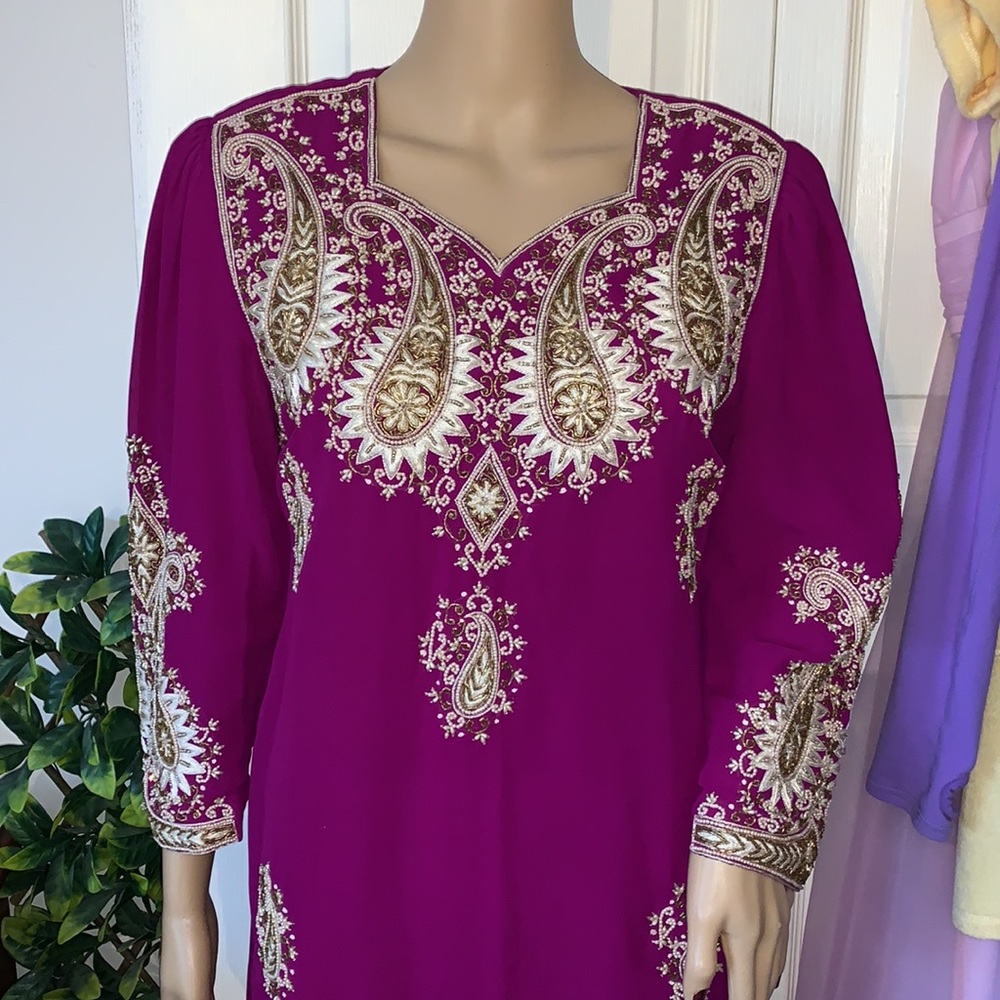 Vintage beaded magenta purple puff sleeve Punjabi Ethnic party dress S M